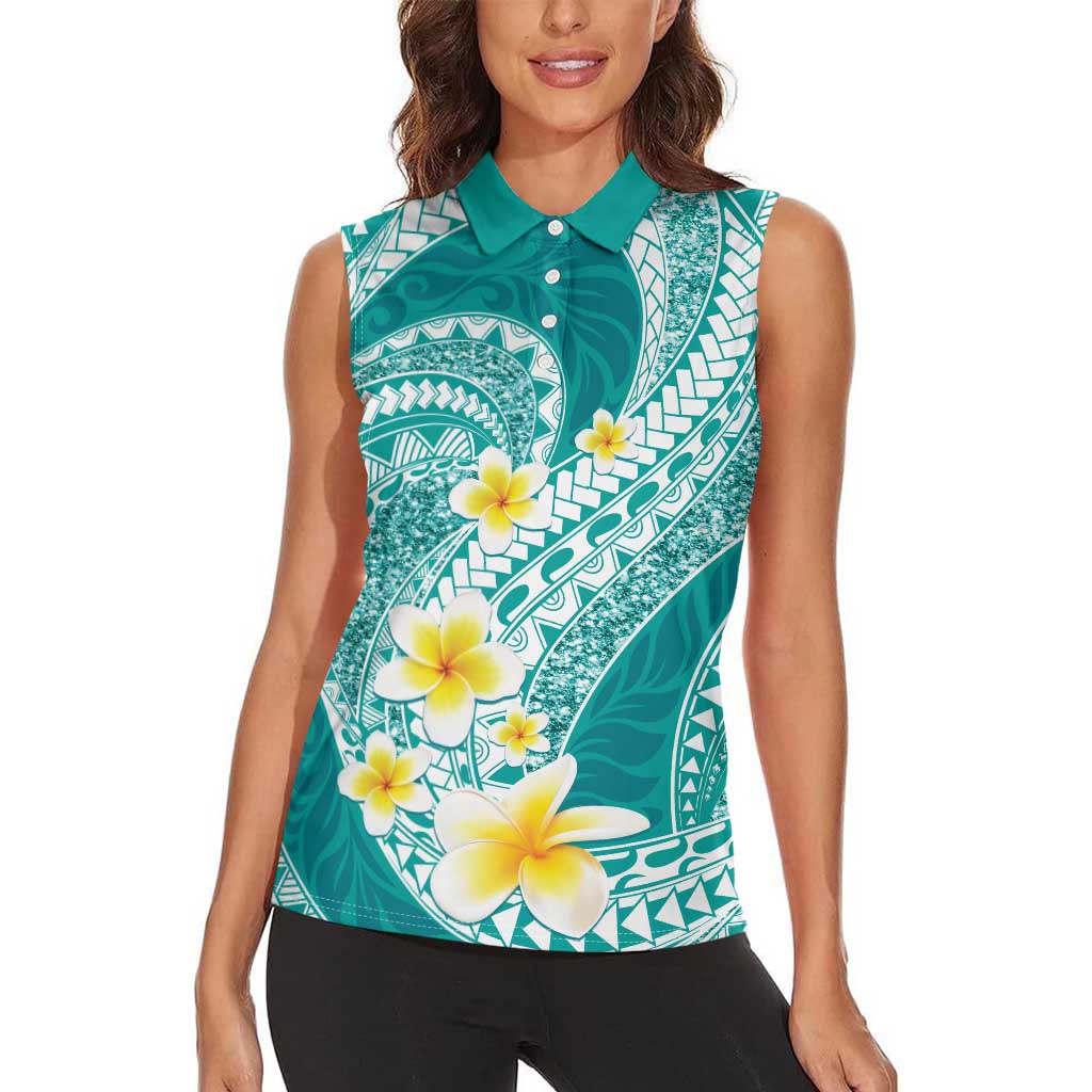 Plumeria Polynesian Teal Glitter Pattern Women Sleeveless Polo Shirt LT01 - Polynesian Pride