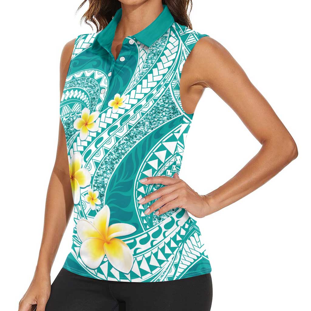 Plumeria Polynesian Teal Glitter Pattern Women Sleeveless Polo Shirt LT01 - Polynesian Pride