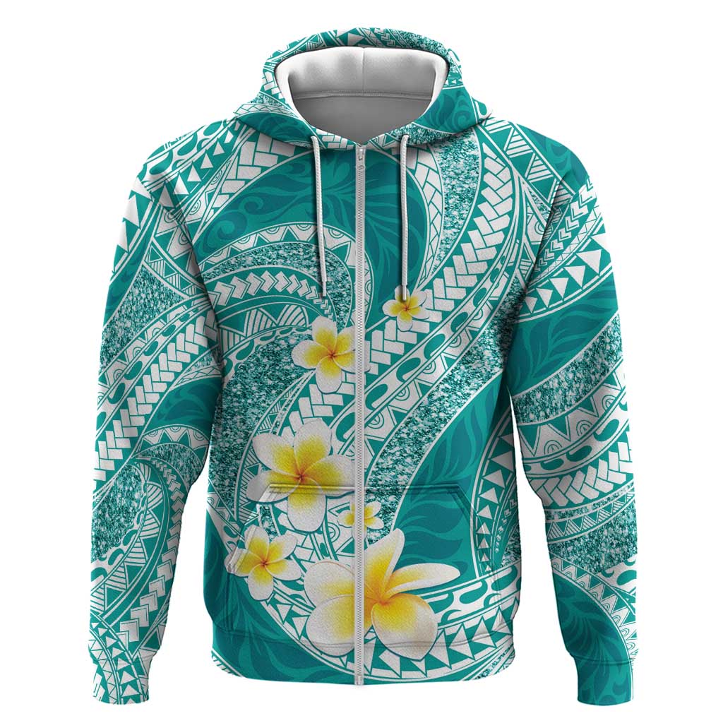 Plumeria Polynesian Teal Glitter Pattern Zip Hoodie