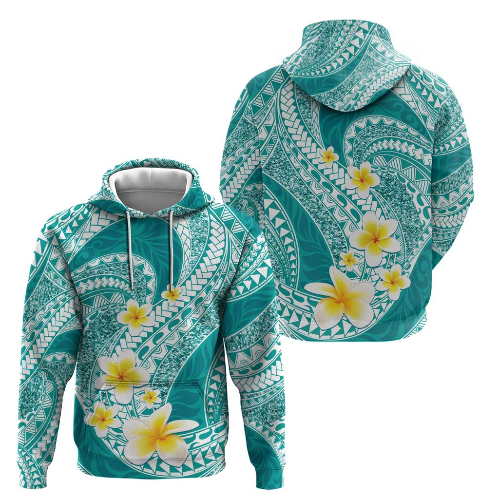 Plumeria Polynesian Teal Glitter Pattern Zip Hoodie