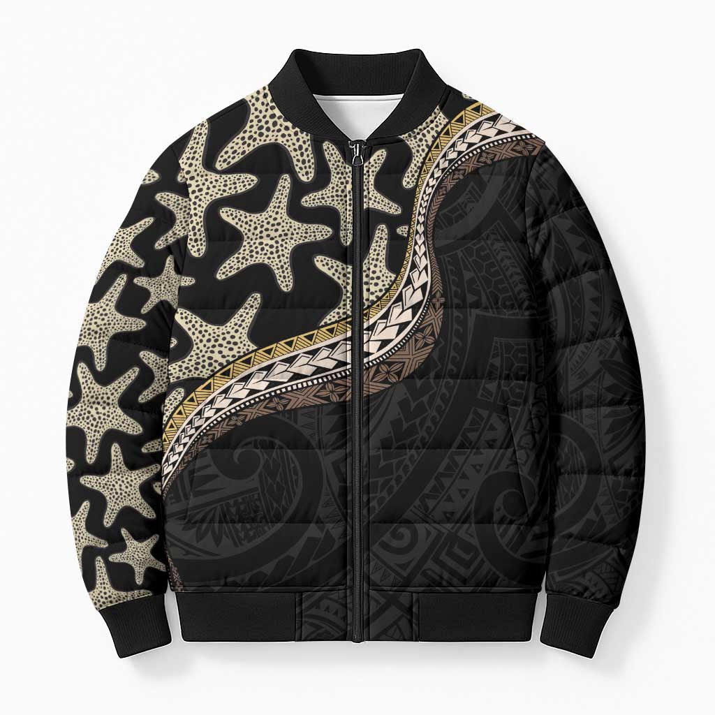 Beige Polynesian Starfish Unique Pattern Bomber Puffer Jacket