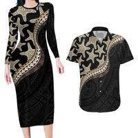 Beige Polynesian Starfish Unique Pattern Couples Matching Long Sleeve Bodycon Dress and Hawaiian Shirt