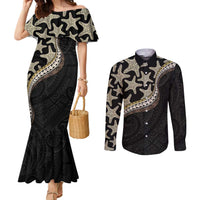 Beige Polynesian Starfish Unique Pattern Couples Matching Mermaid Dress and Long Sleeve Button Shirt
