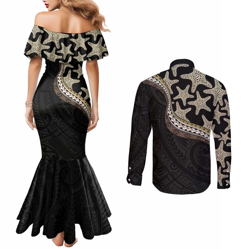 Beige Polynesian Starfish Unique Pattern Couples Matching Mermaid Dress and Long Sleeve Button Shirt