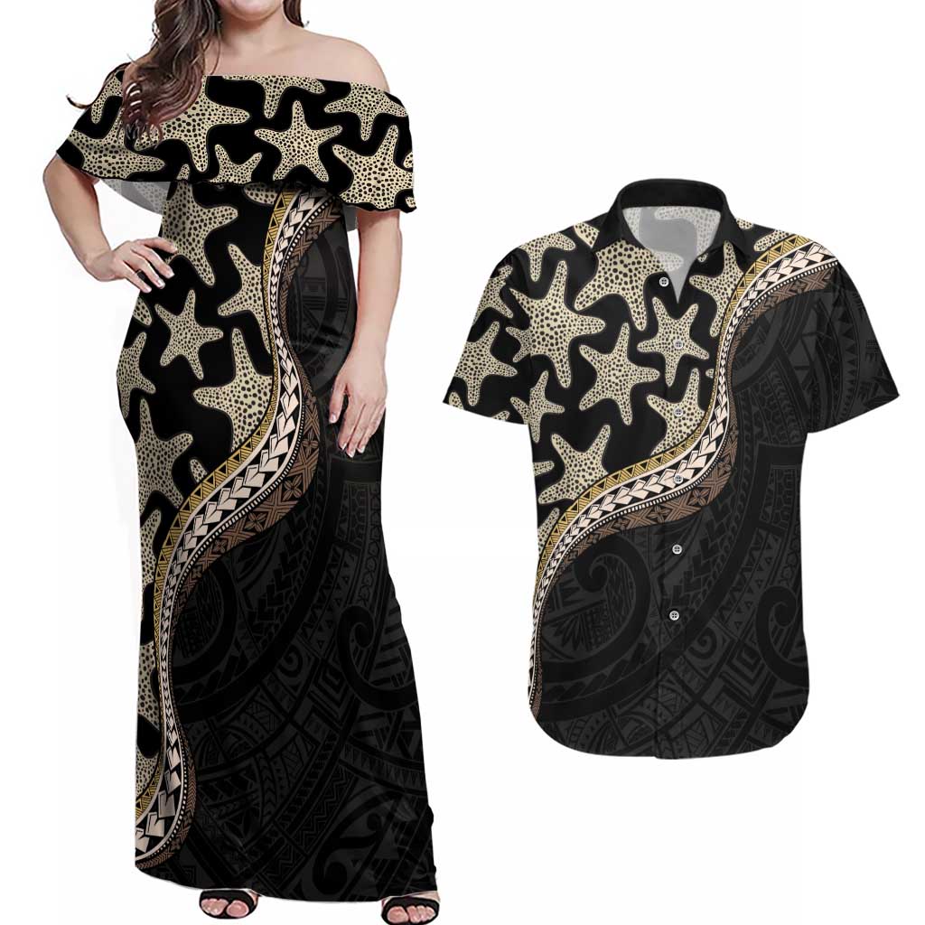 Beige Polynesian Starfish Unique Pattern Couples Matching Off Shoulder Maxi Dress and Hawaiian Shirt
