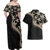 Beige Polynesian Starfish Unique Pattern Couples Matching Off Shoulder Maxi Dress and Hawaiian Shirt