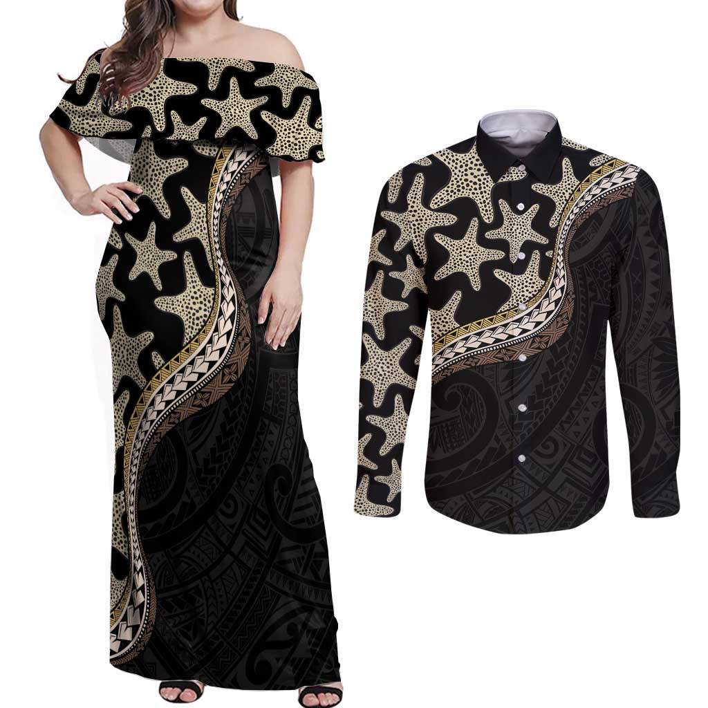Beige Polynesian Starfish Unique Pattern Couples Matching Off Shoulder Maxi Dress and Long Sleeve Button Shirt