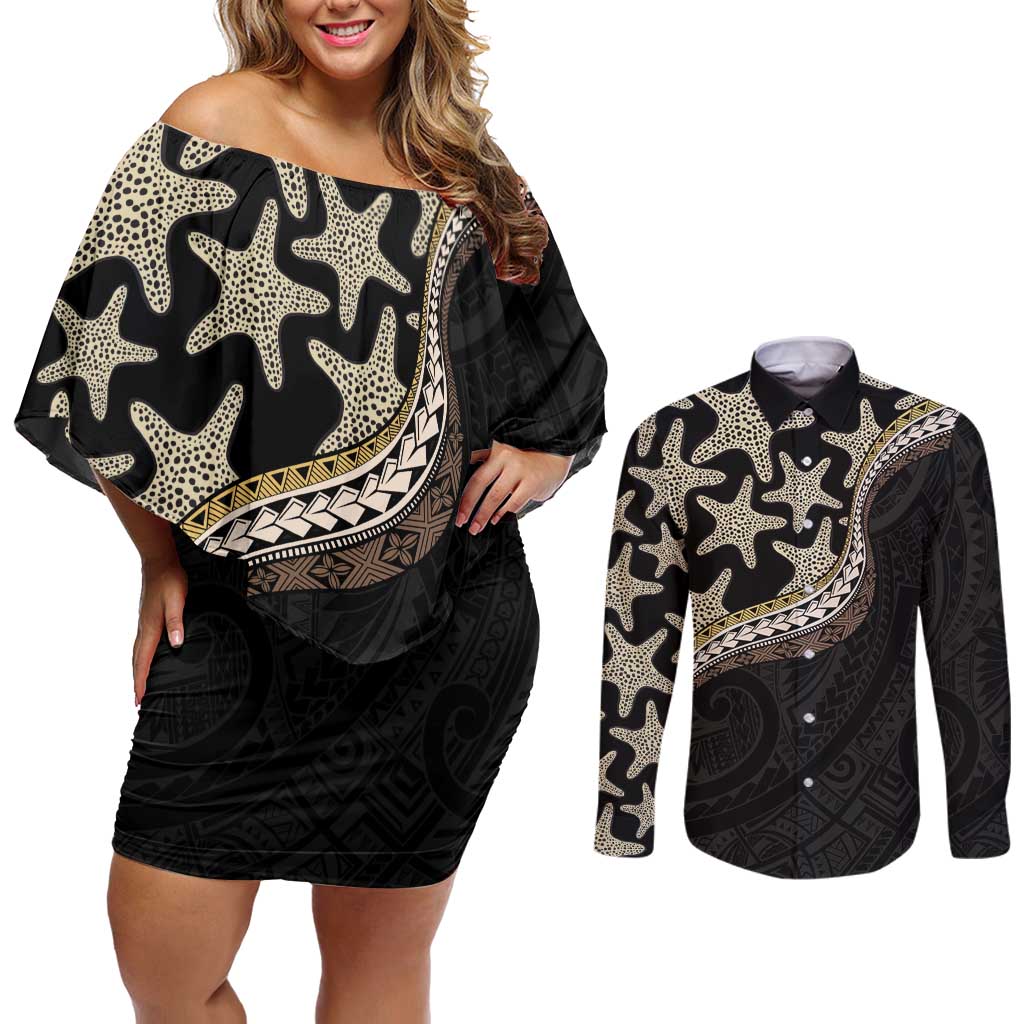 Beige Polynesian Starfish Unique Pattern Couples Matching Off Shoulder Short Dress and Long Sleeve Button Shirt