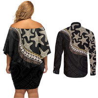 Beige Polynesian Starfish Unique Pattern Couples Matching Off Shoulder Short Dress and Long Sleeve Button Shirt