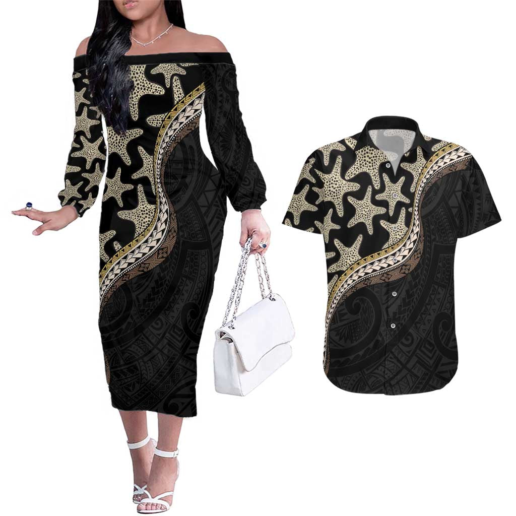Beige Polynesian Starfish Unique Pattern Couples Matching Off The Shoulder Long Sleeve Dress and Hawaiian Shirt