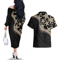 Beige Polynesian Starfish Unique Pattern Couples Matching Off The Shoulder Long Sleeve Dress and Hawaiian Shirt