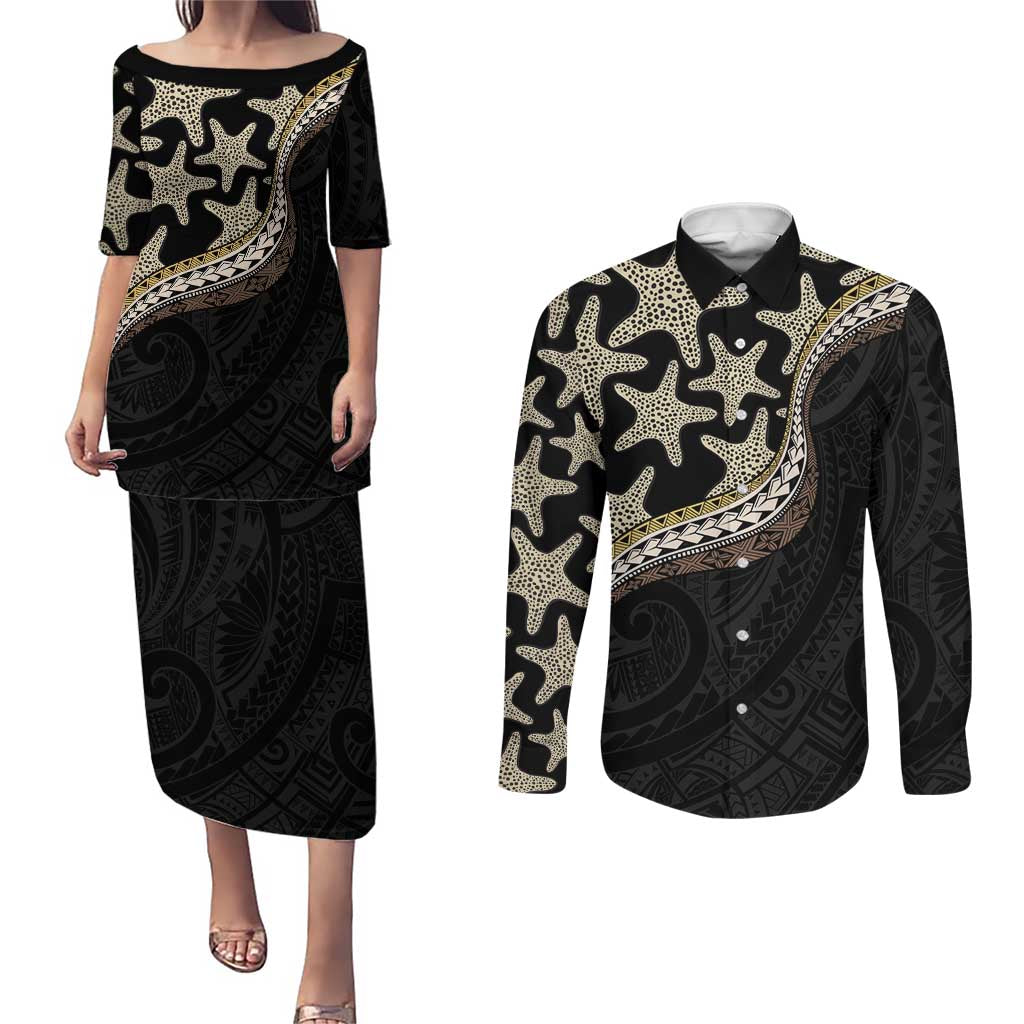 Beige Polynesian Starfish Unique Pattern Couples Matching Puletasi and Long Sleeve Button Shirt