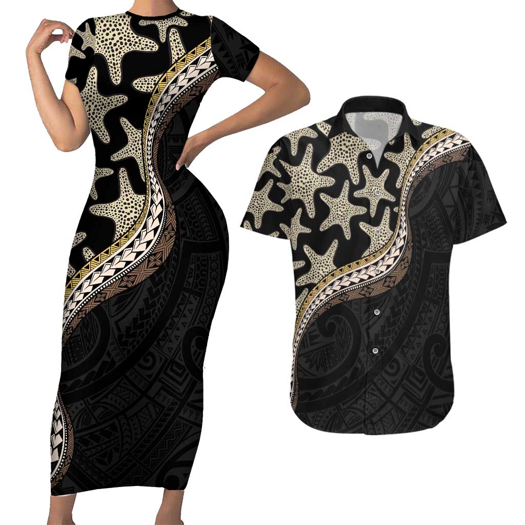Beige Polynesian Starfish Unique Pattern Couples Matching Short Sleeve Bodycon Dress and Hawaiian Shirt