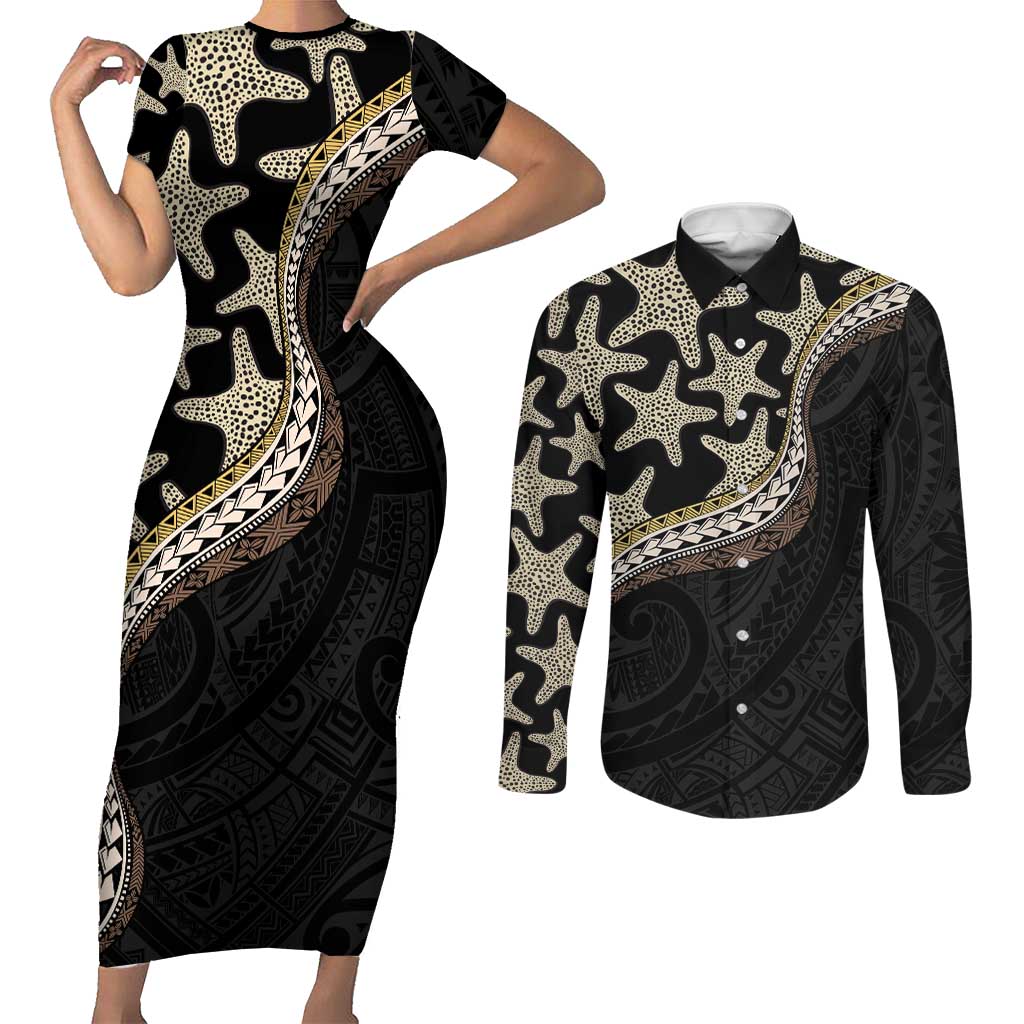 Beige Polynesian Starfish Unique Pattern Couples Matching Short Sleeve Bodycon Dress and Long Sleeve Button Shirt