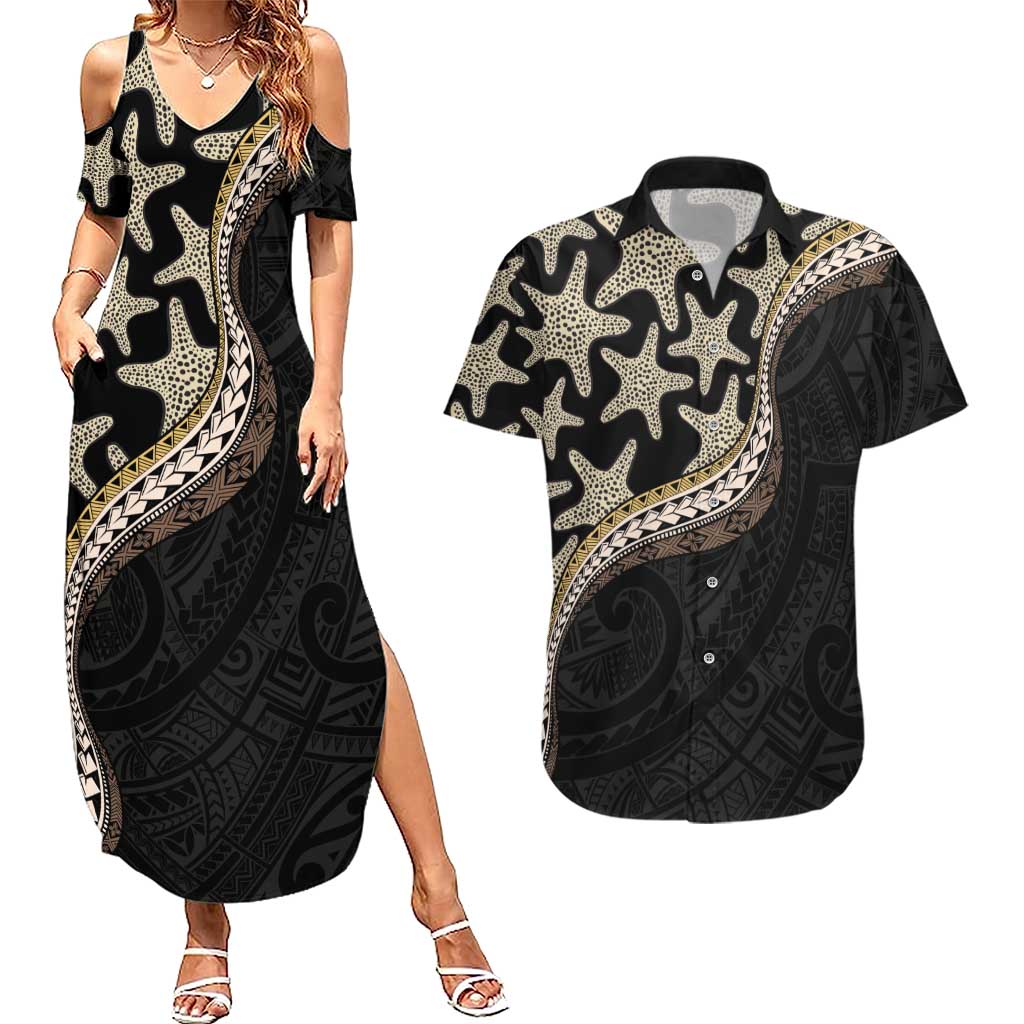 Beige Polynesian Starfish Unique Pattern Couples Matching Summer Maxi Dress and Hawaiian Shirt