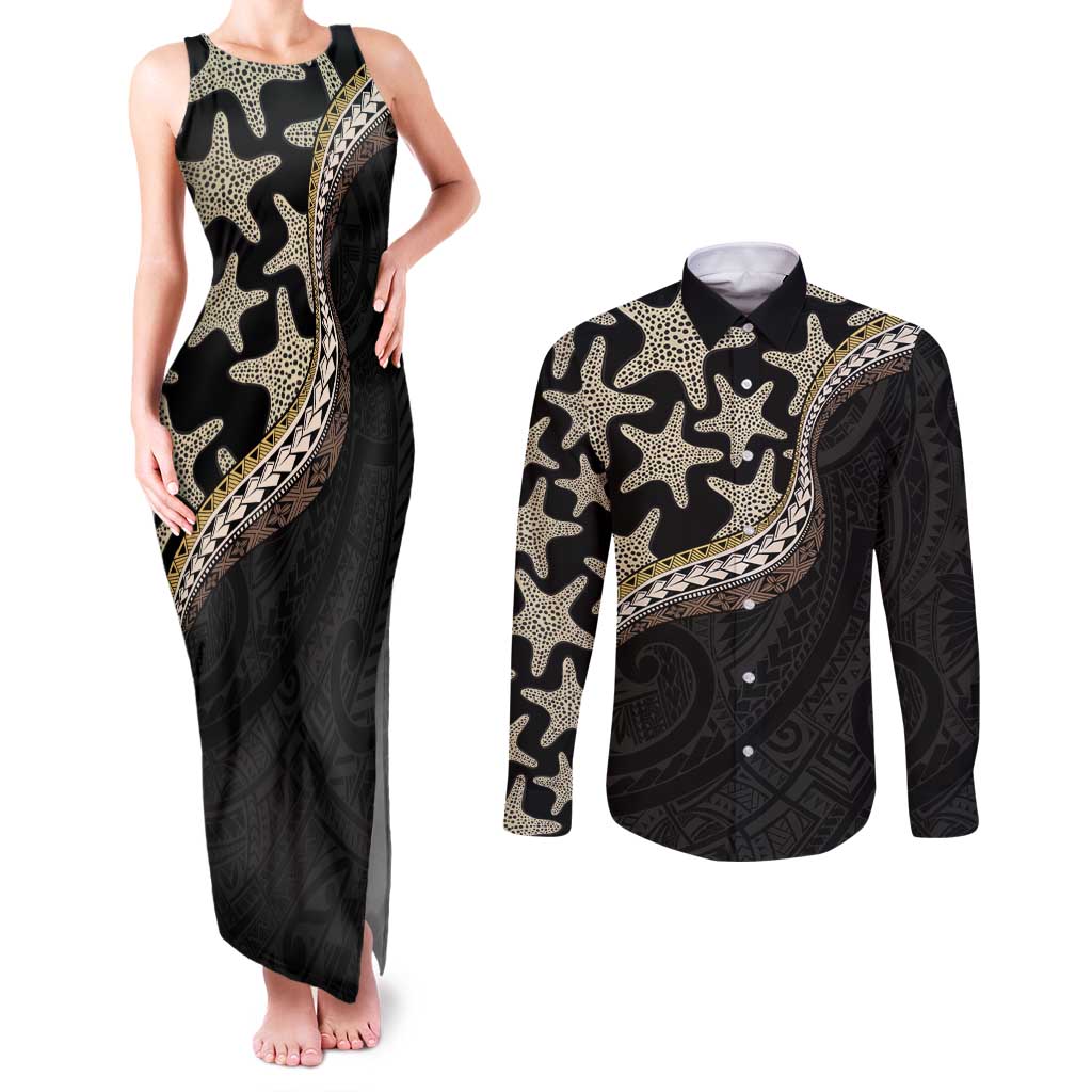 Beige Polynesian Starfish Unique Pattern Couples Matching Tank Maxi Dress and Long Sleeve Button Shirt