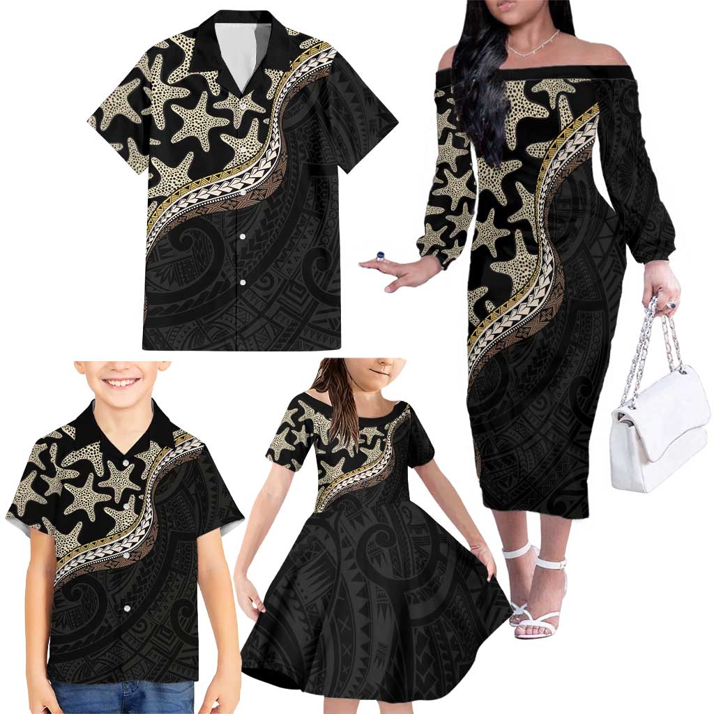 Beige Polynesian Starfish Unique Pattern Family Matching Off The Shoulder Long Sleeve Dress and Hawaiian Shirt