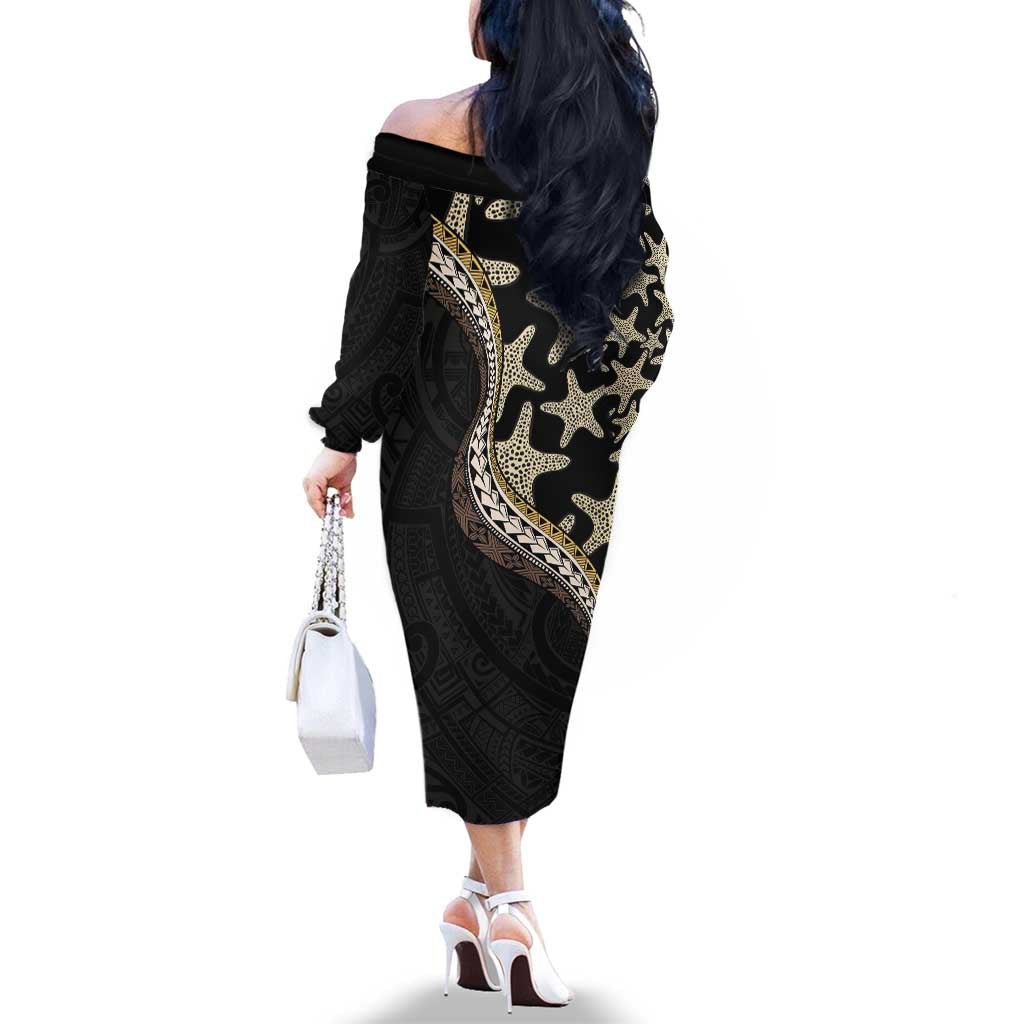 Beige Polynesian Starfish Unique Pattern Family Matching Off The Shoulder Long Sleeve Dress and Hawaiian Shirt