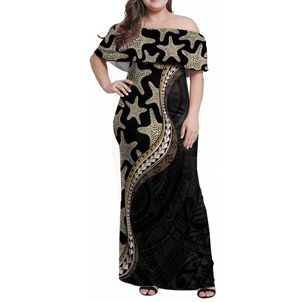Beige Polynesian Starfish Unique Pattern Family Matching Off Shoulder Maxi Dress and Hawaiian Shirt