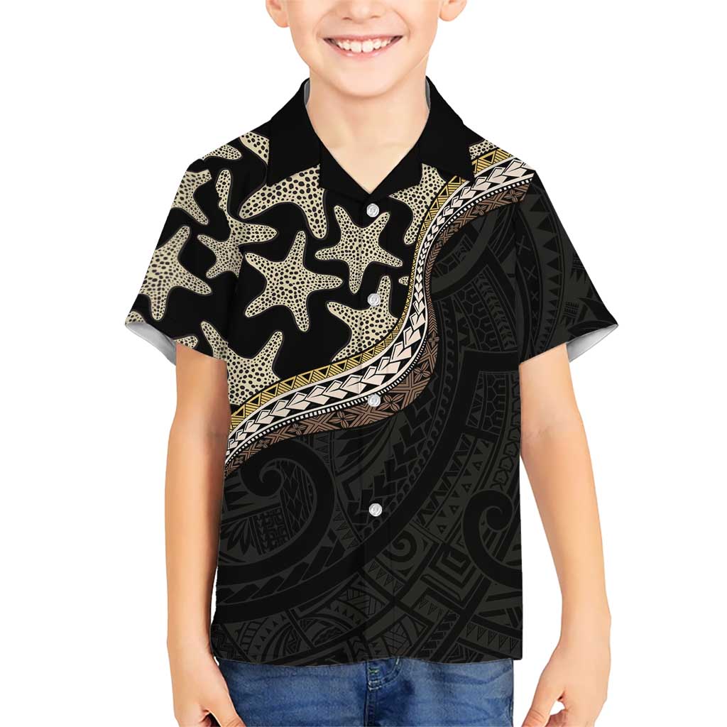 Beige Polynesian Starfish Unique Pattern Family Matching Off Shoulder Short Dress and Hawaiian Shirt