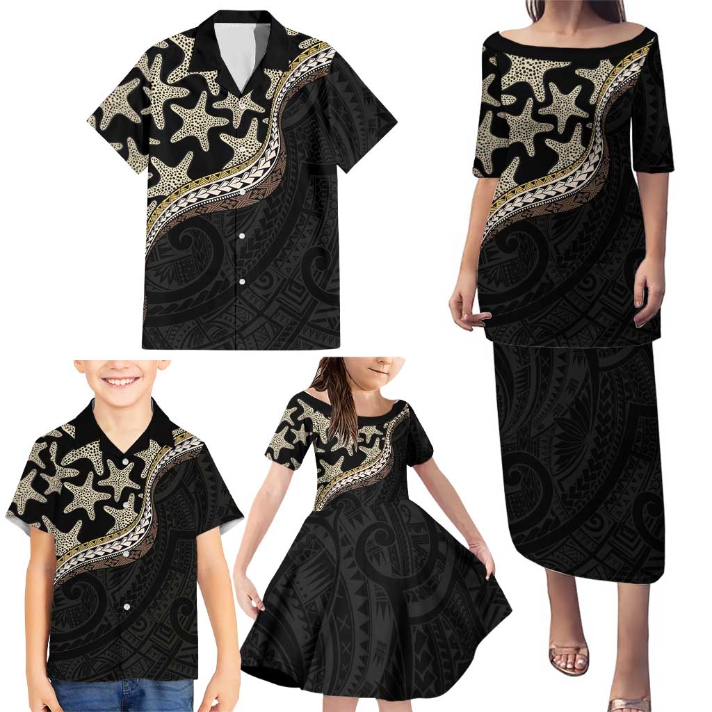 Beige Polynesian Starfish Unique Pattern Family Matching Puletasi and Hawaiian Shirt