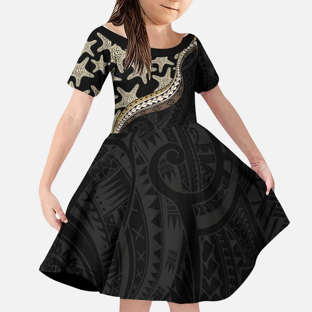 Beige Polynesian Starfish Unique Pattern Family Matching Summer Maxi Dress and Hawaiian Shirt