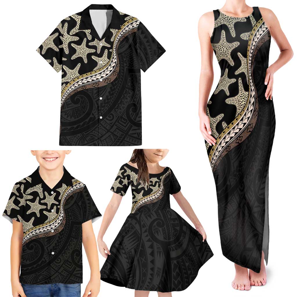 Beige Polynesian Starfish Unique Pattern Family Matching Tank Maxi Dress and Hawaiian Shirt