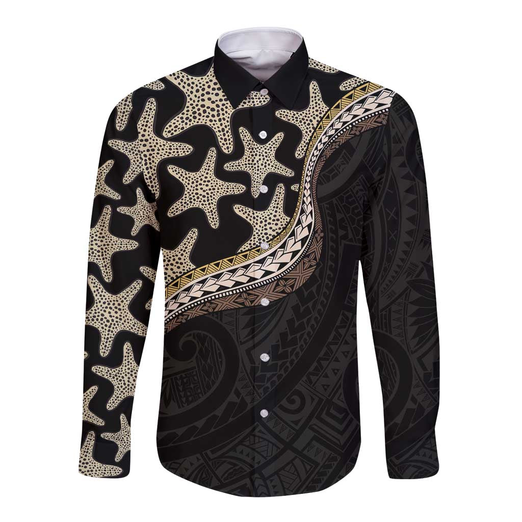 Beige Polynesian Starfish Unique Pattern Long Sleeve Button Shirt