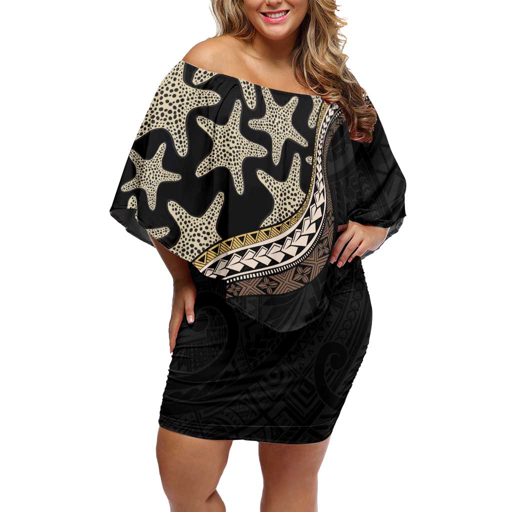 Beige Polynesian Starfish Unique Pattern Off Shoulder Short Dress