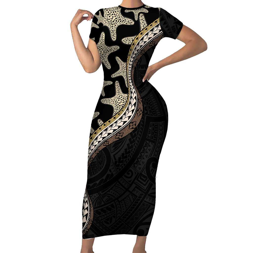 Beige Polynesian Starfish Unique Pattern Short Sleeve Bodycon Dress LT01 Long Dress Beige - Polynesian Pride