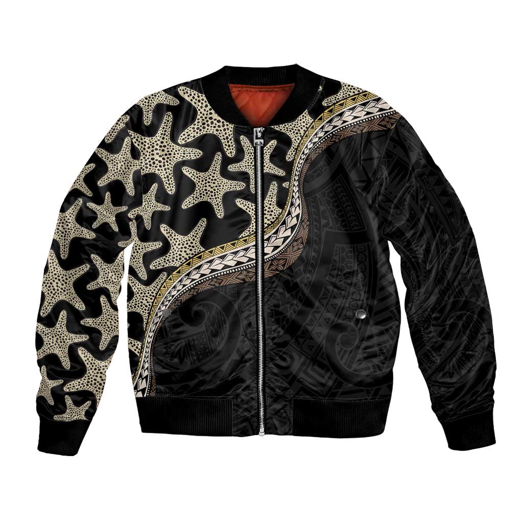 Beige Polynesian Starfish Unique Pattern Sleeve Zip Bomber Jacket