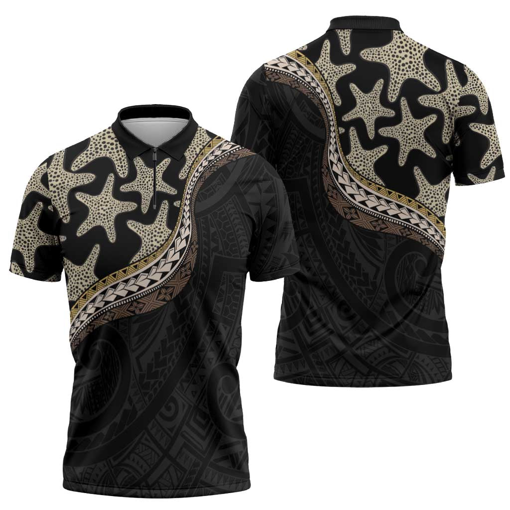 Beige Polynesian Starfish Unique Pattern Zipper Polo Shirt