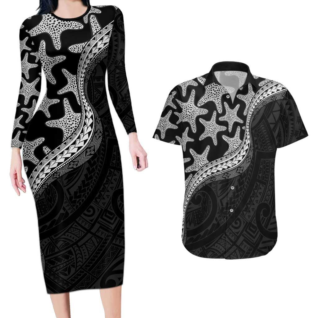 Monotone Polynesian Starfish Unique Pattern Couples Matching Long Sleeve Bodycon Dress and Hawaiian Shirt LT01 Black - Polynesian Pride