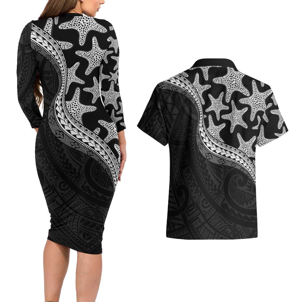 Monotone Polynesian Starfish Unique Pattern Couples Matching Long Sleeve Bodycon Dress and Hawaiian Shirt LT01 - Polynesian Pride