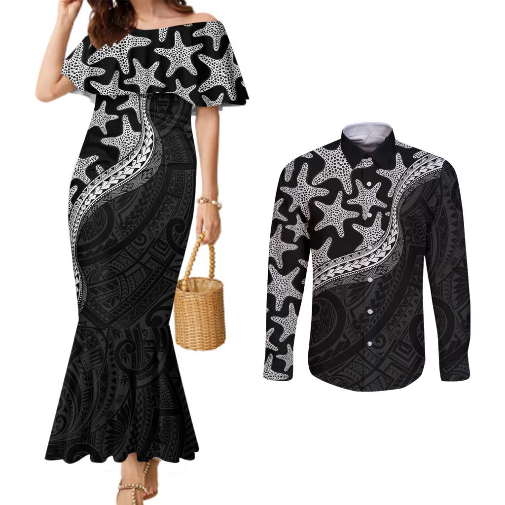 Monotone Polynesian Starfish Unique Pattern Couples Matching Mermaid Dress and Long Sleeve Button Shirt