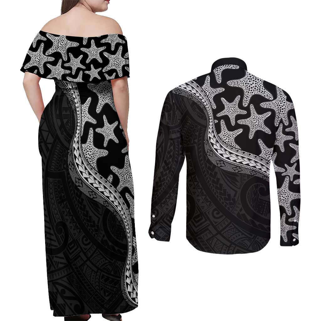 Monotone Polynesian Starfish Unique Pattern Couples Matching Off Shoulder Maxi Dress and Long Sleeve Button Shirt