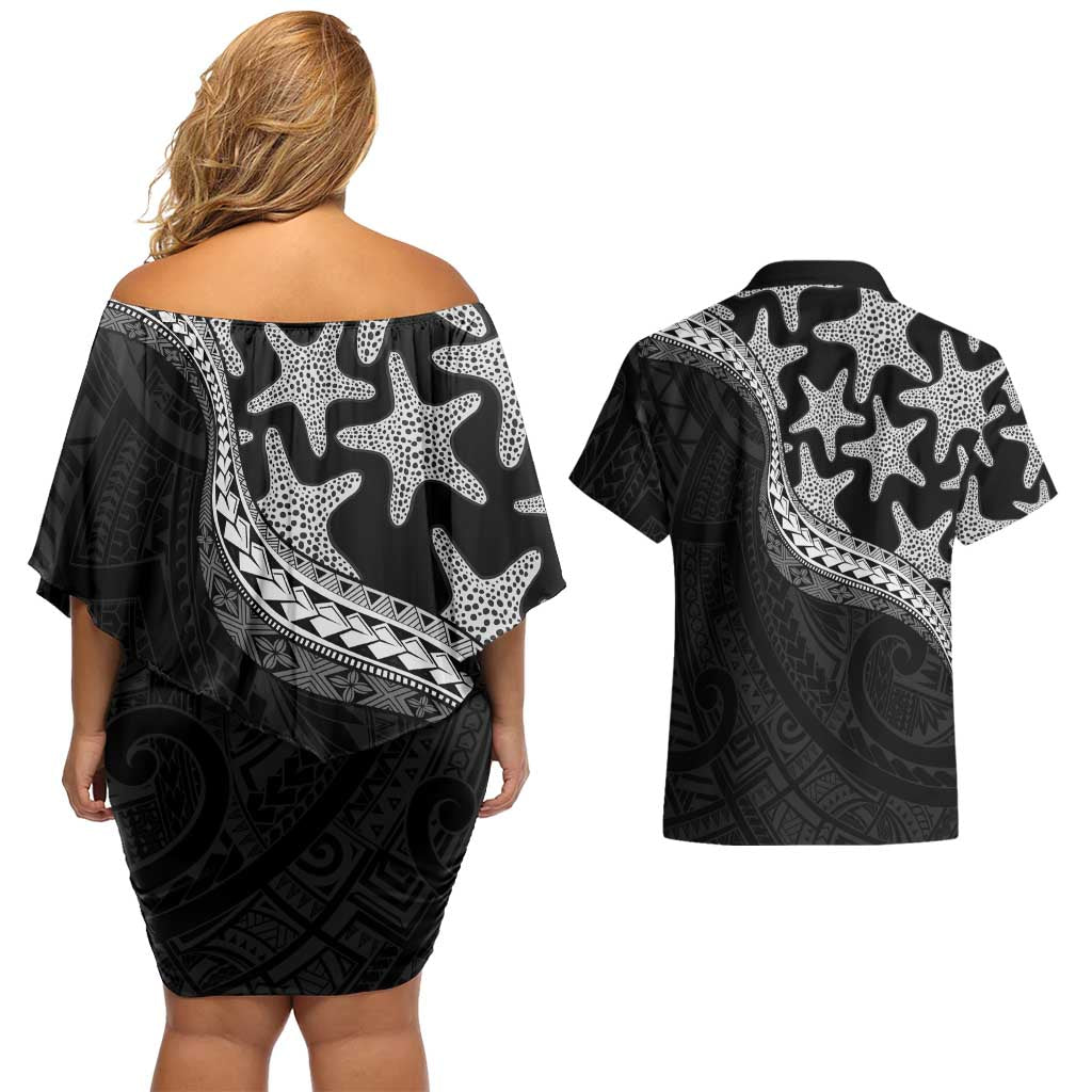Monotone Polynesian Starfish Unique Pattern Couples Matching Off Shoulder Short Dress and Hawaiian Shirt