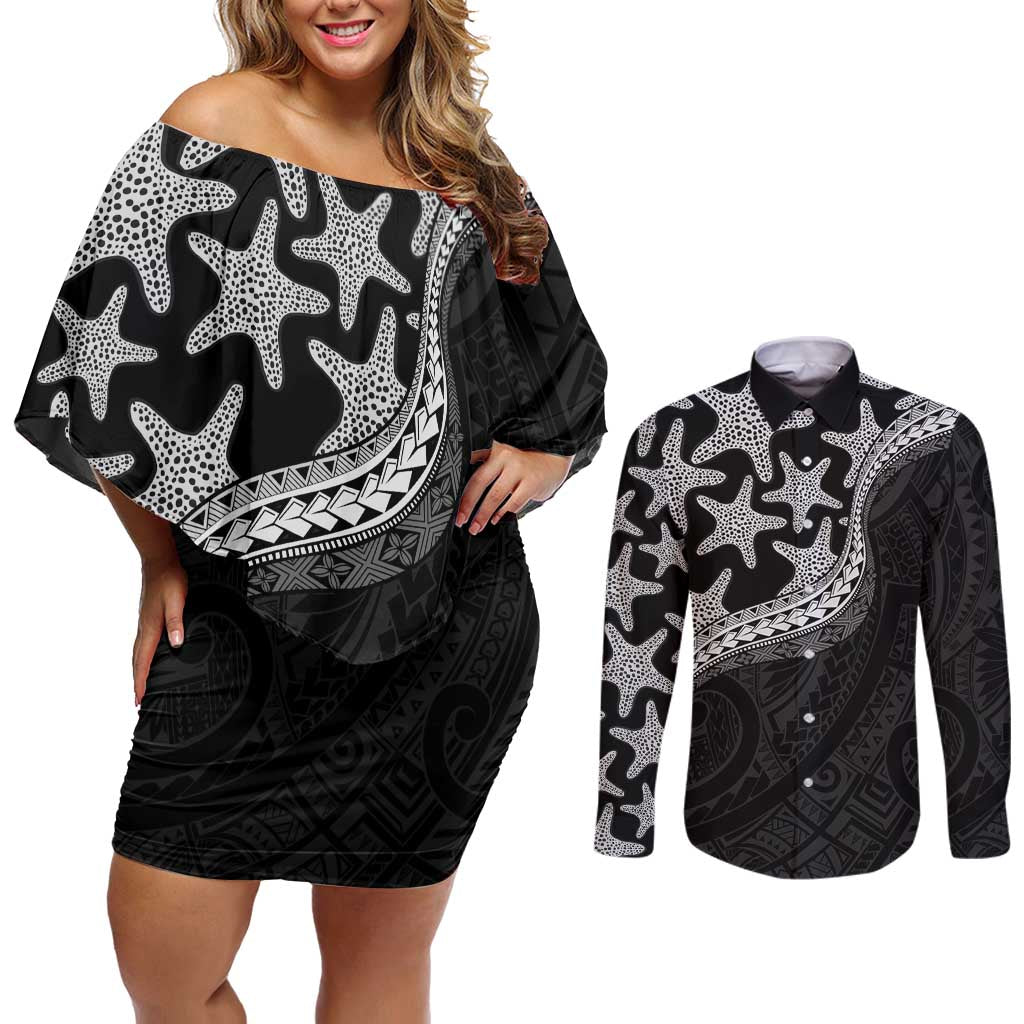 Monotone Polynesian Starfish Unique Pattern Couples Matching Off Shoulder Short Dress and Long Sleeve Button Shirt