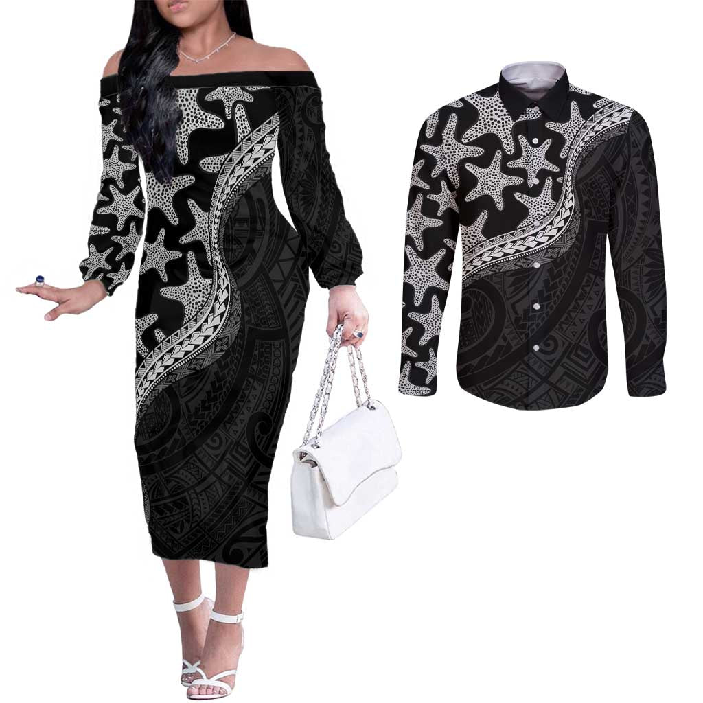 Monotone Polynesian Starfish Unique Pattern Couples Matching Off The Shoulder Long Sleeve Dress and Long Sleeve Button Shirt