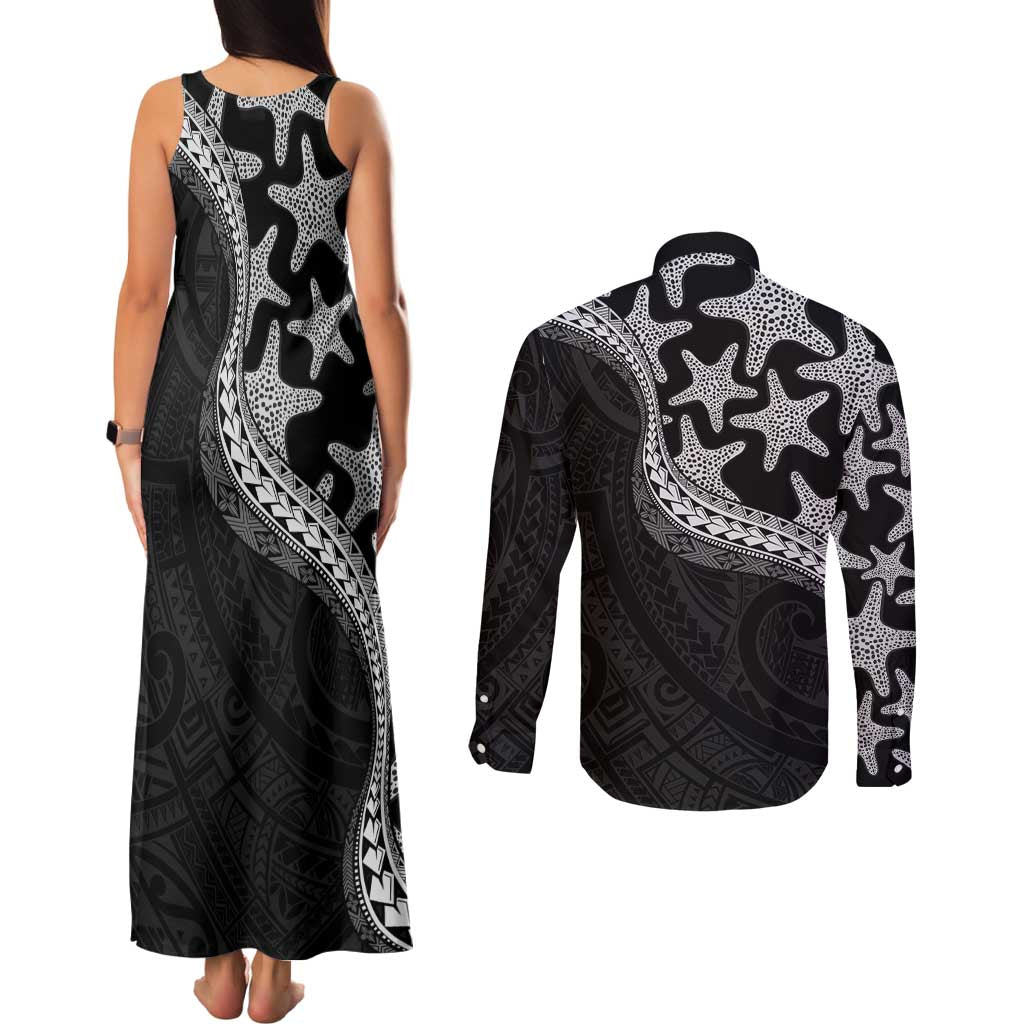 Monotone Polynesian Starfish Unique Pattern Couples Matching Tank Maxi Dress and Long Sleeve Button Shirt
