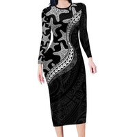 Monotone Polynesian Starfish Unique Pattern Family Matching Long Sleeve Bodycon Dress and Hawaiian Shirt