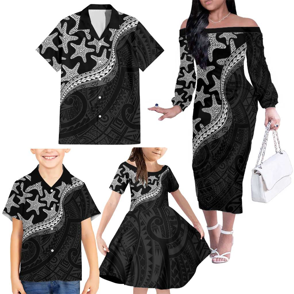 Monotone Polynesian Starfish Unique Pattern Family Matching Off The Shoulder Long Sleeve Dress and Hawaiian Shirt