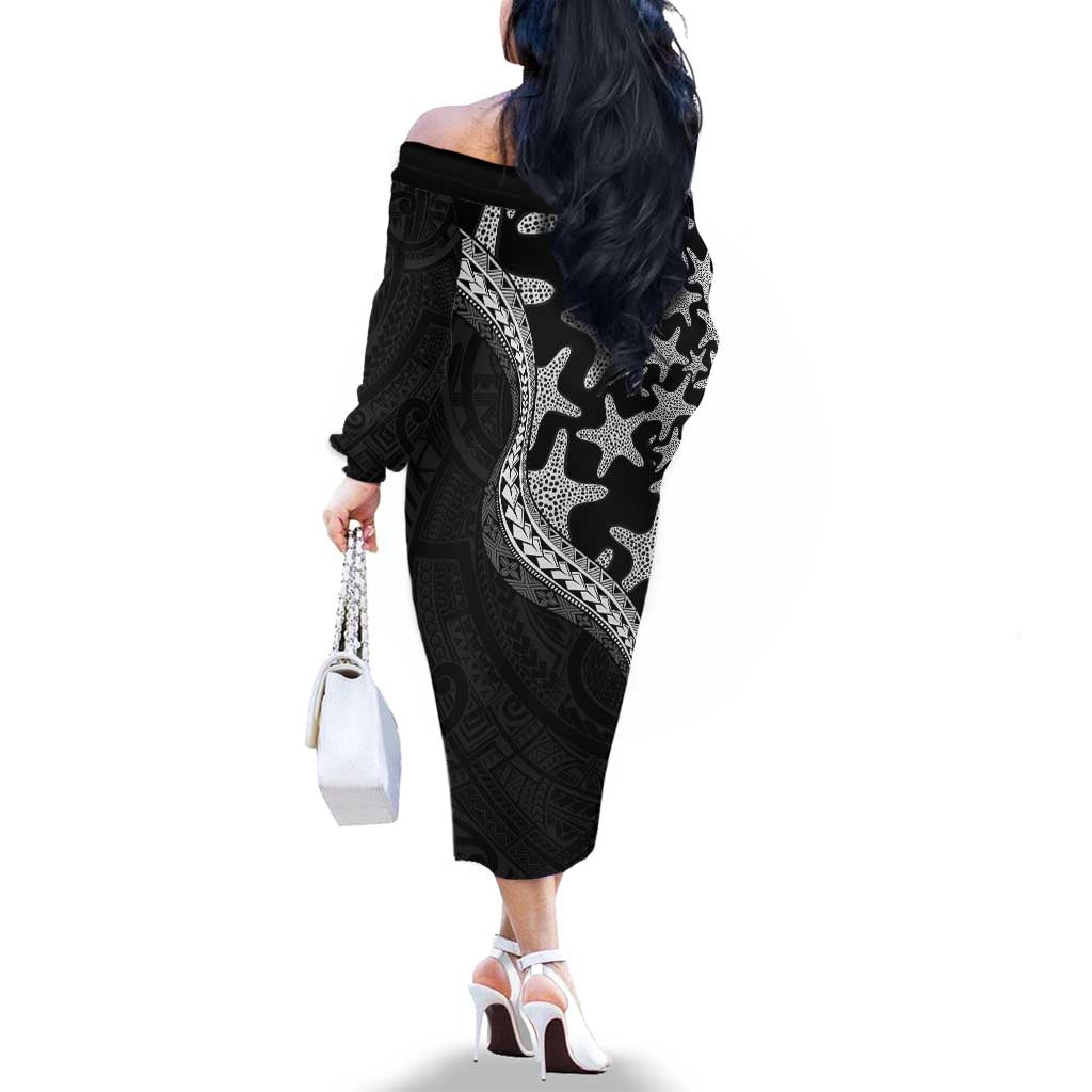 Monotone Polynesian Starfish Unique Pattern Family Matching Off The Shoulder Long Sleeve Dress and Hawaiian Shirt
