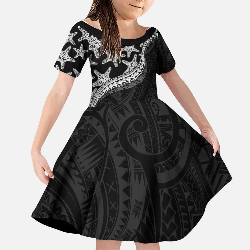 Monotone Polynesian Starfish Unique Pattern Family Matching Puletasi and Hawaiian Shirt LT01 Daughter's Dress Black - Polynesian Pride