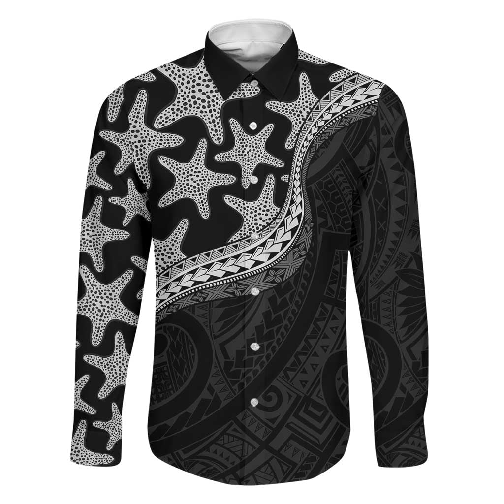 Monotone Polynesian Starfish Unique Pattern Family Matching Puletasi and Hawaiian Shirt LT01 Dad's Shirt - Long Sleeve Black - Polynesian Pride