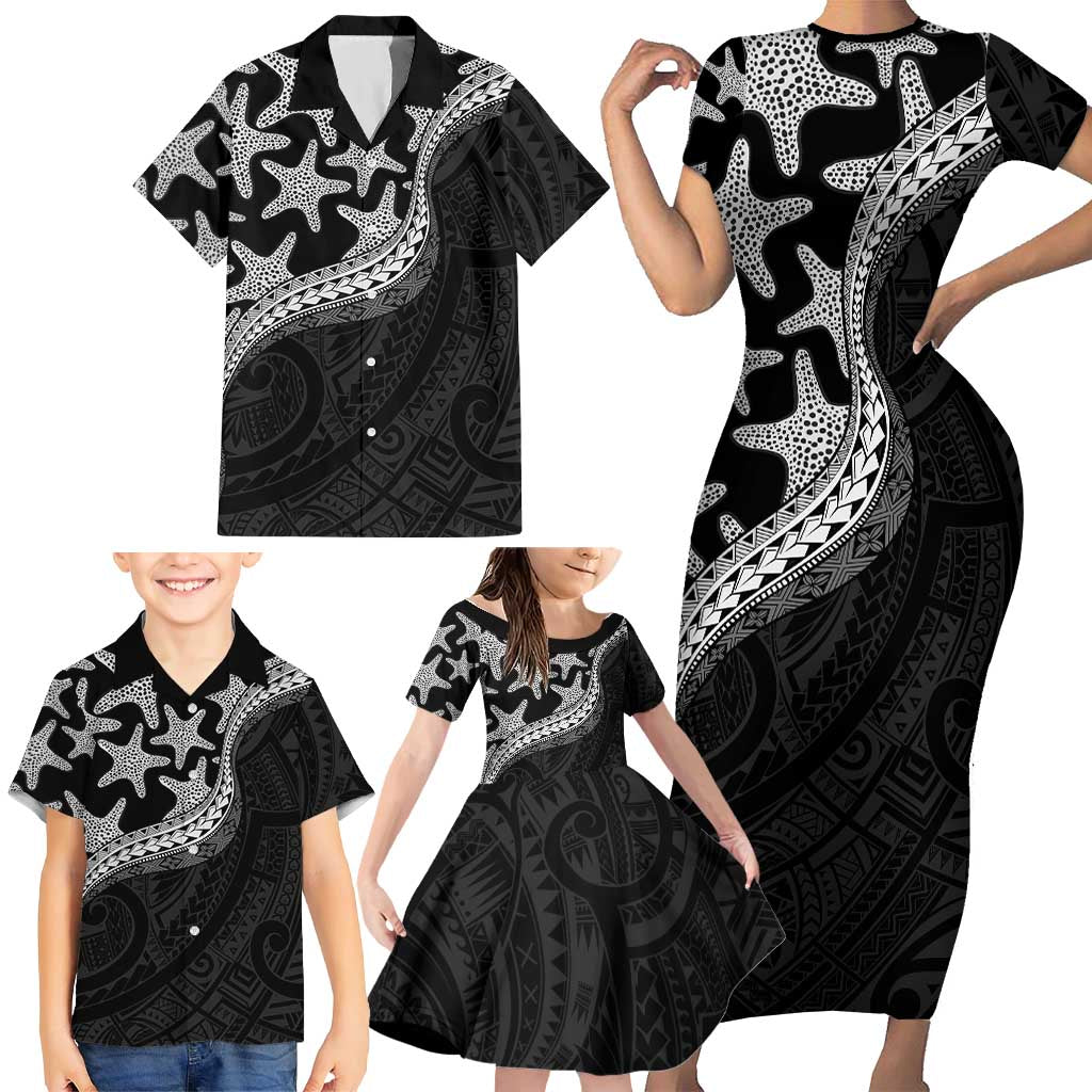 Monotone Polynesian Starfish Unique Pattern Family Matching Short Sleeve Bodycon Dress and Hawaiian Shirt