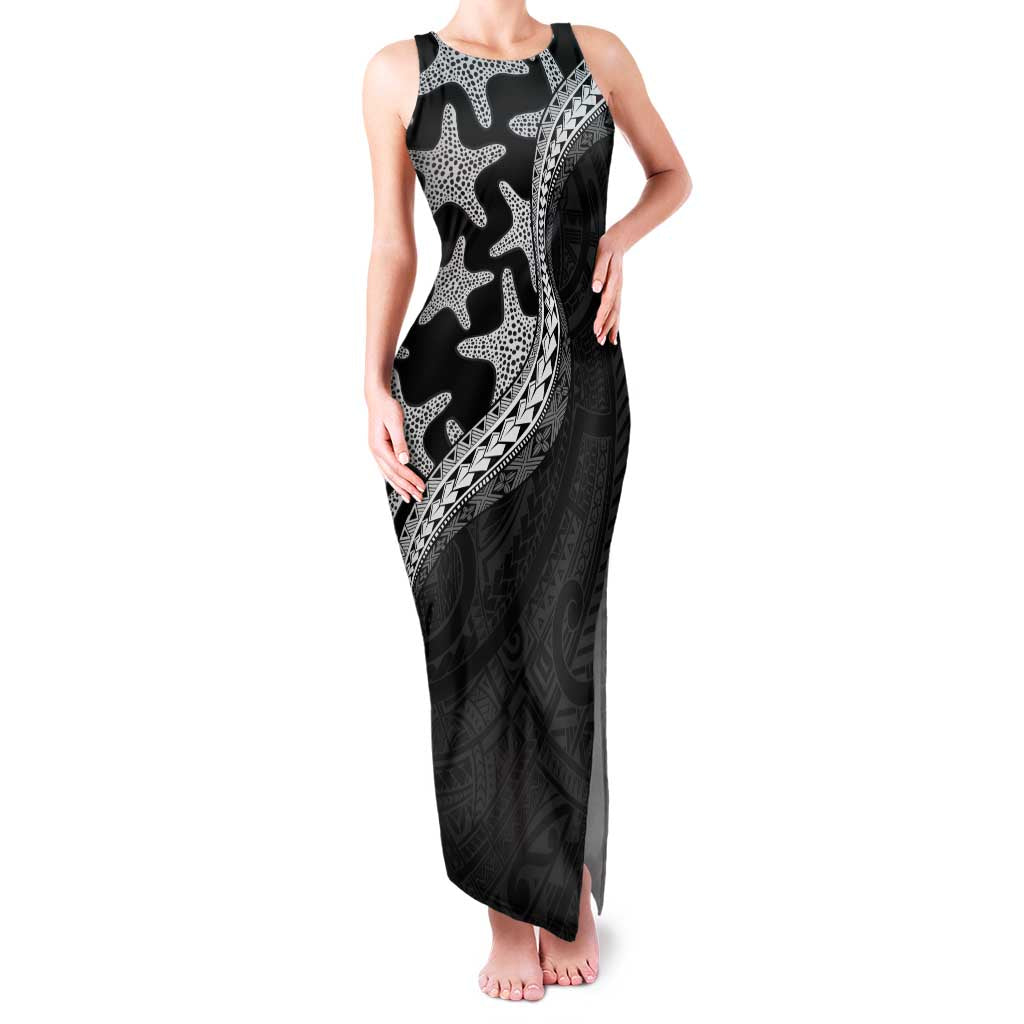 Monotone Polynesian Starfish Unique Pattern Family Matching Tank Maxi Dress and Hawaiian Shirt