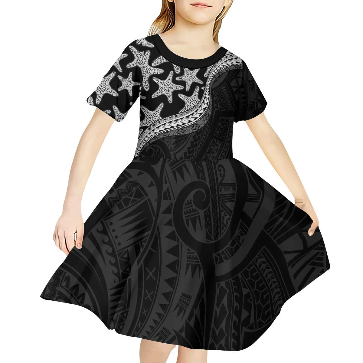 Monotone Polynesian Starfish Unique Pattern Kid Short Sleeve Dress