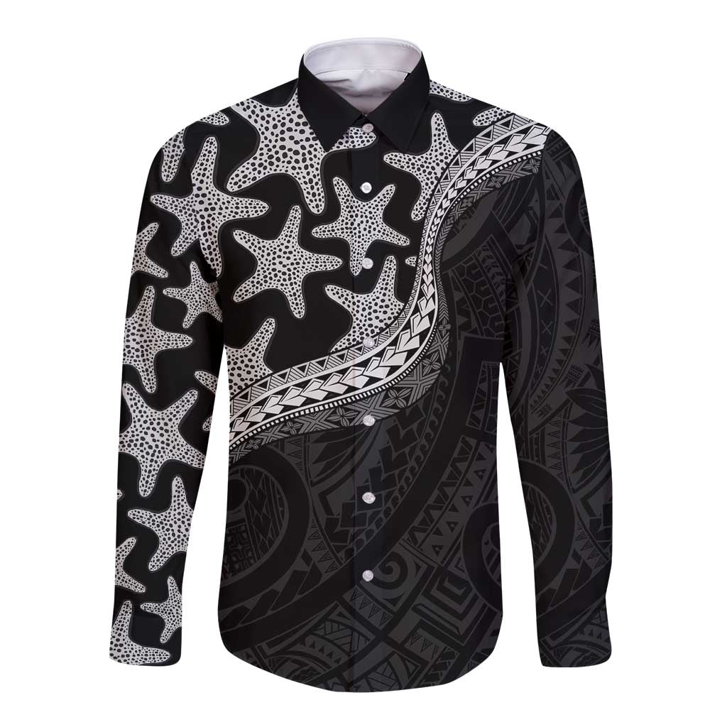 Monotone Polynesian Starfish Unique Pattern Long Sleeve Button Shirt