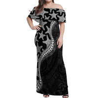Monotone Polynesian Starfish Unique Pattern Off Shoulder Maxi Dress